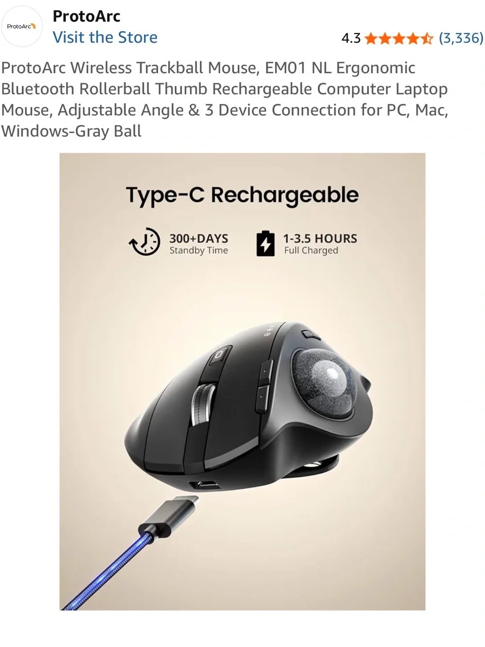 EM01 NL ProtoArc Gray Ergonomic Wireless Trackball Mouse